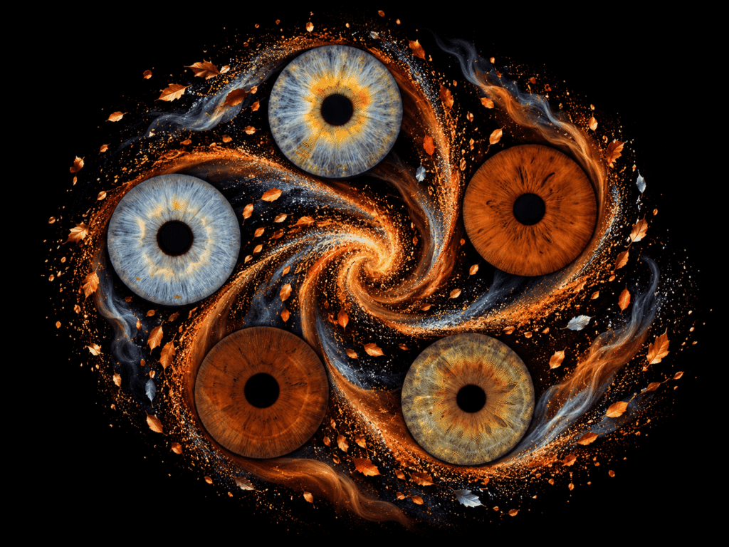 Five preserved irises swirling through copper dust, smoke and autumn leaves.