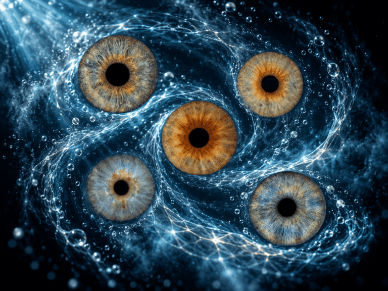 Five family irises drifting through a luminous deep blue underwater spiral.
