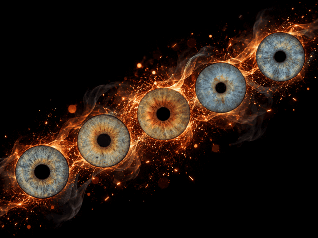 Five family irises flowing diagonally through glowing copper sparks and smoky ember effects.