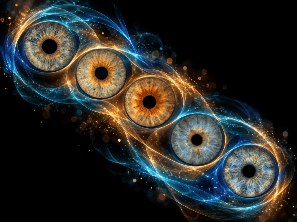 Five family irises arranged in a flowing curve with blue and amber aurora ribbons.