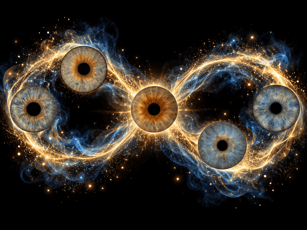 Five unique family irises arranged within a glowing blue and golden infinity design