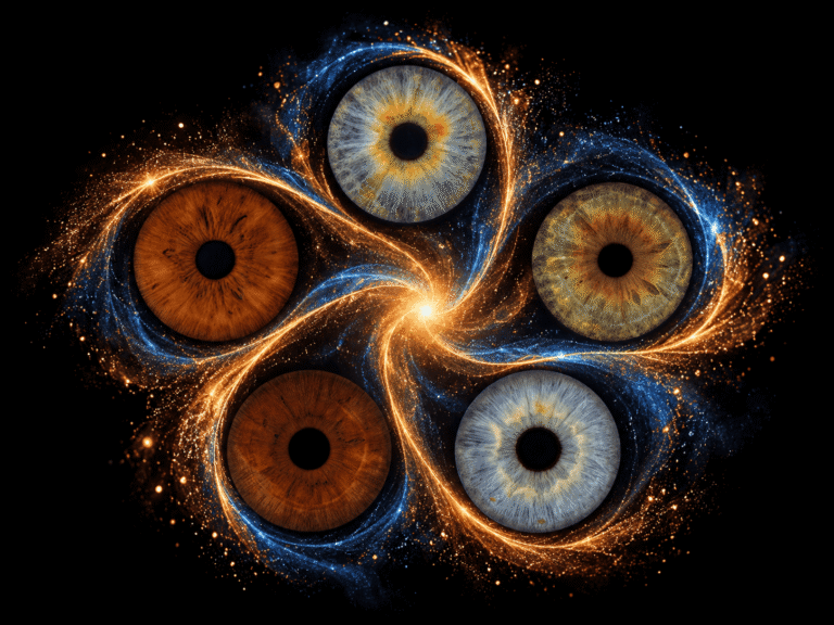 Five unique irises joined in a luminous blue and golden circle of unity.