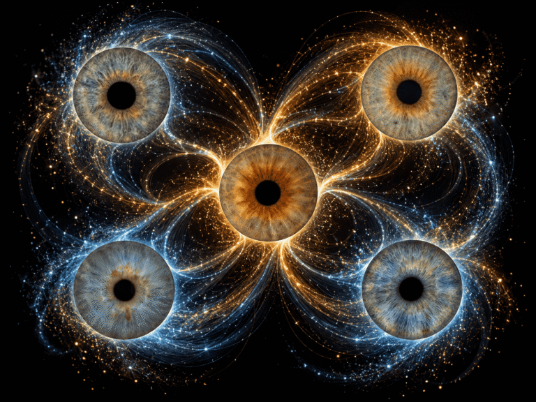 Five irises arranged in a diamond and connected by blue and golden magnetic light trails.