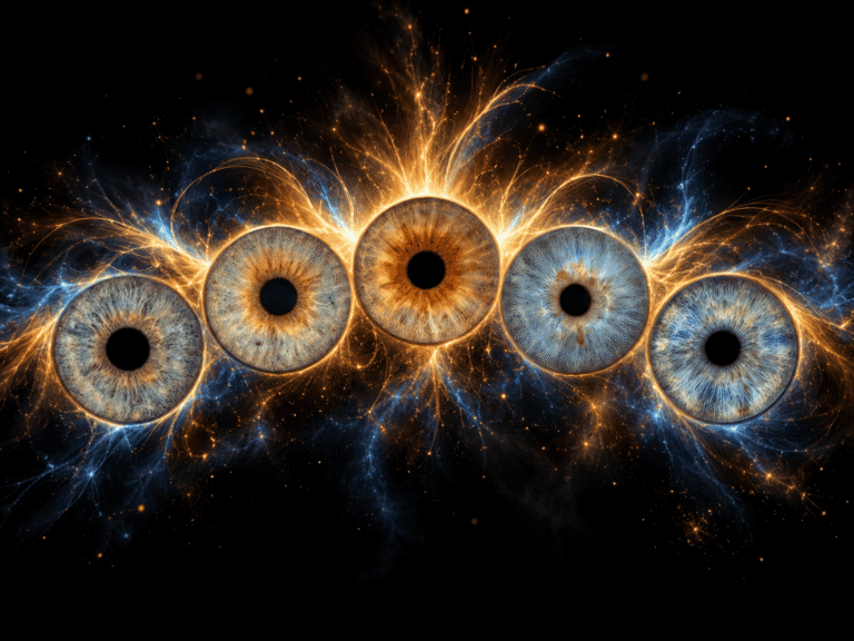 Five family irises arranged in a radiant arc with blue and golden solar energy.