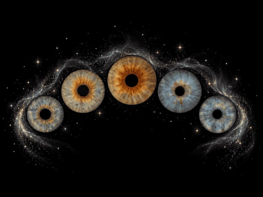 Five family irises arranged in a peaceful crescent with silver cosmic dust.