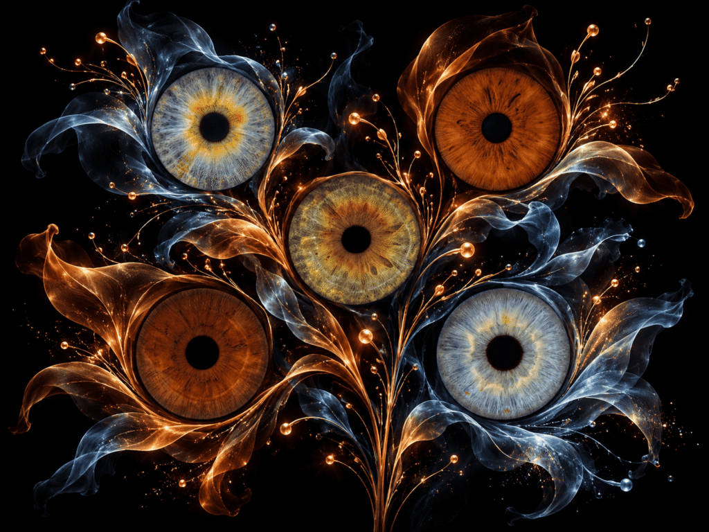 Five irises blooming within elegant copper and blue botanical light effects.