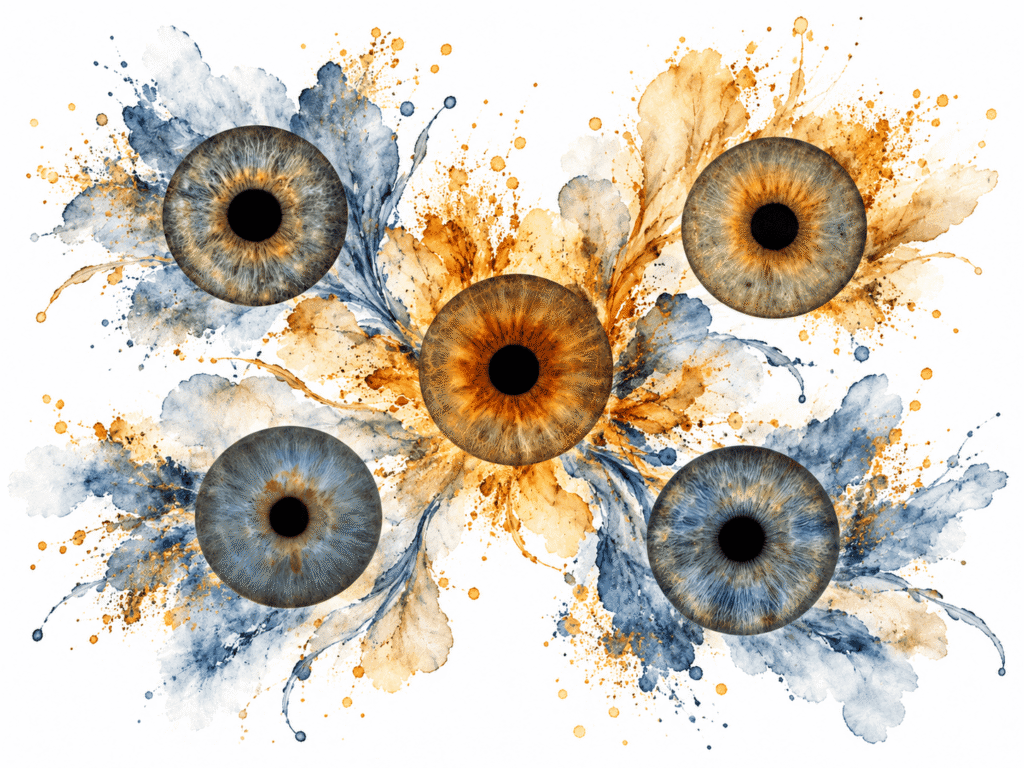 Five family irises surrounded by expressive blue and amber watercolor petals.