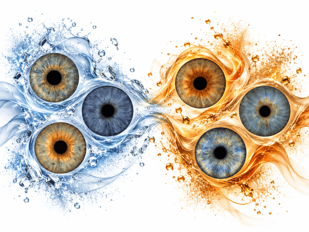 Six custom irises divided between icy blue water and glowing golden flame effects.