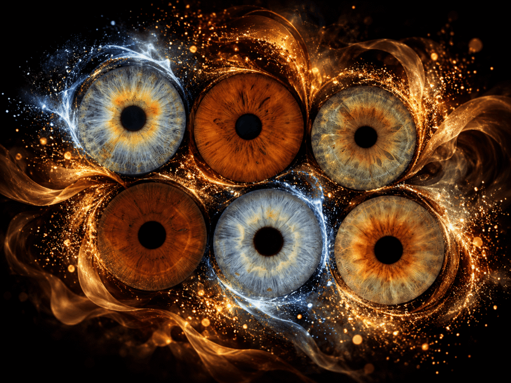 Six blue, hazel and brown irises surrounded by a powerful golden particle storm.