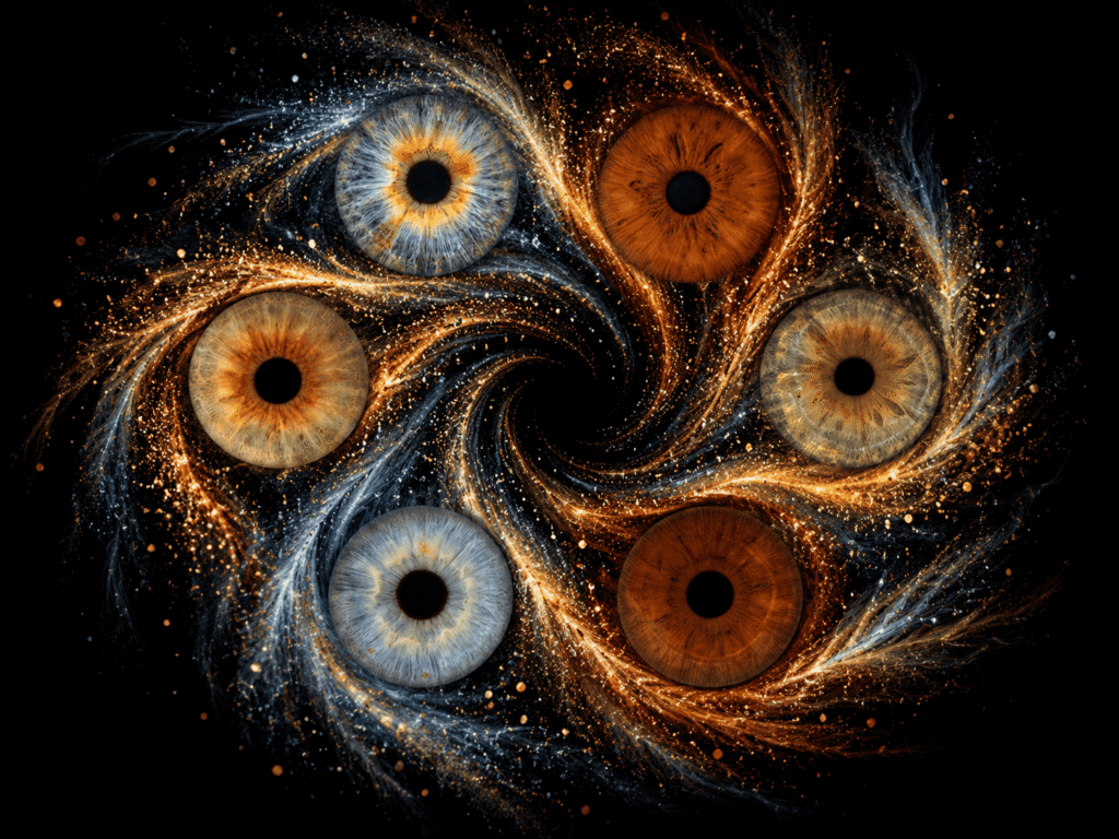 Six colorful irises rotating around a central vortex of blue, copper and golden particles.