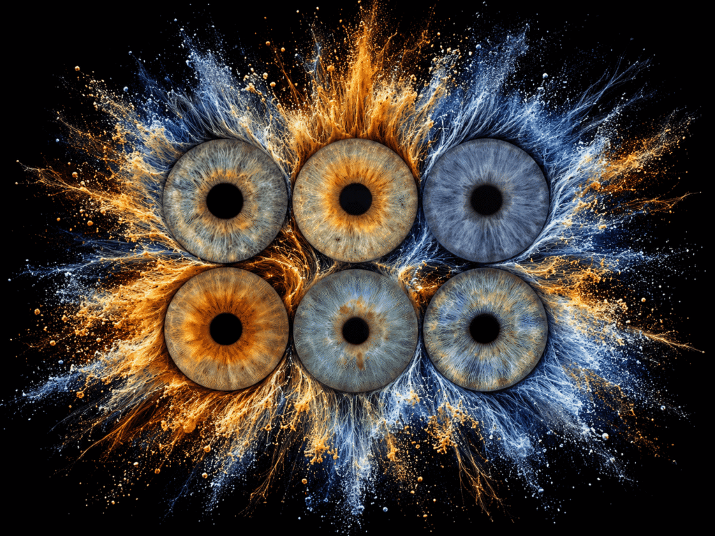 Six family irises surrounded by an explosive burst of blue and golden stardust.