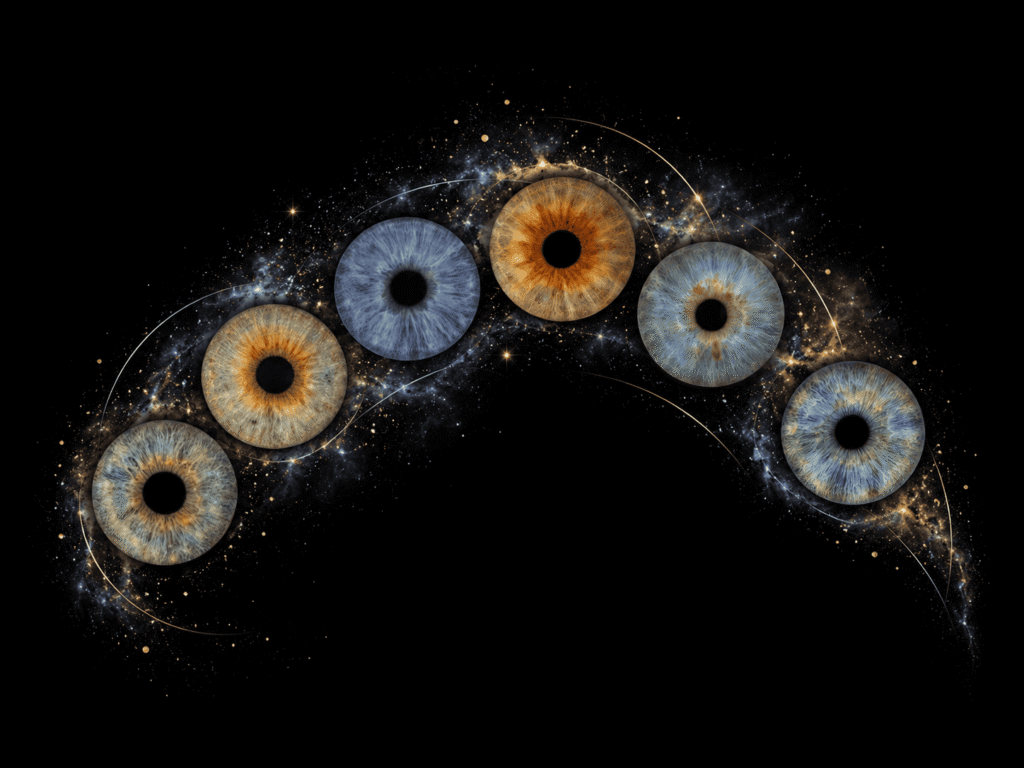 Six blue and golden irises forming a graceful lunar crescent surrounded by cosmic dust.