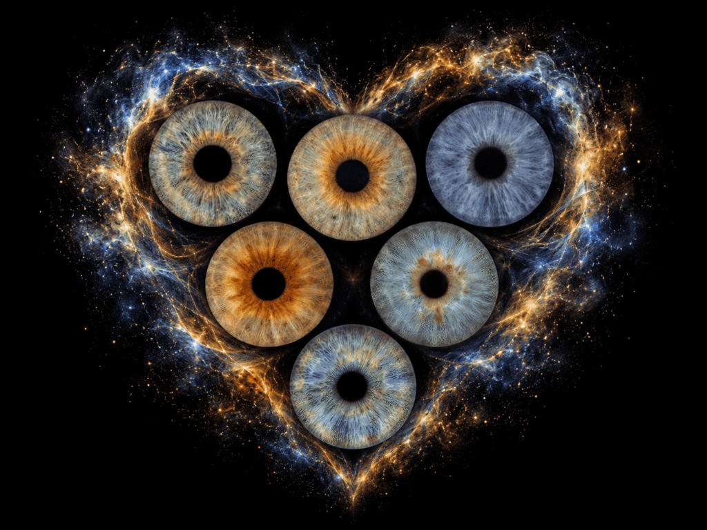 Six family irises arranged inside a glowing blue and golden nebula heart.