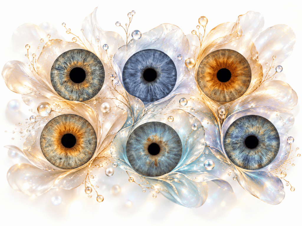 Six colorful irises surrounded by pearlescent petals, delicate golden veins and dew drops.