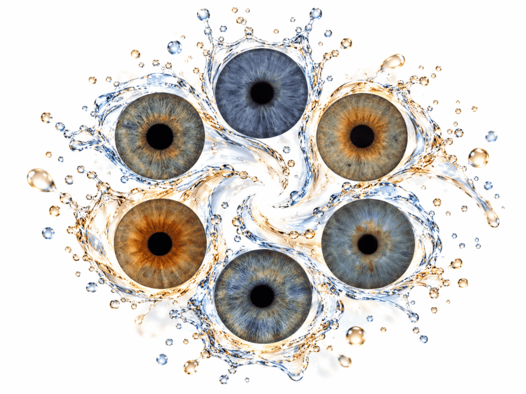Six family irises arranged in a circular formation with clear blue and golden water splashes.