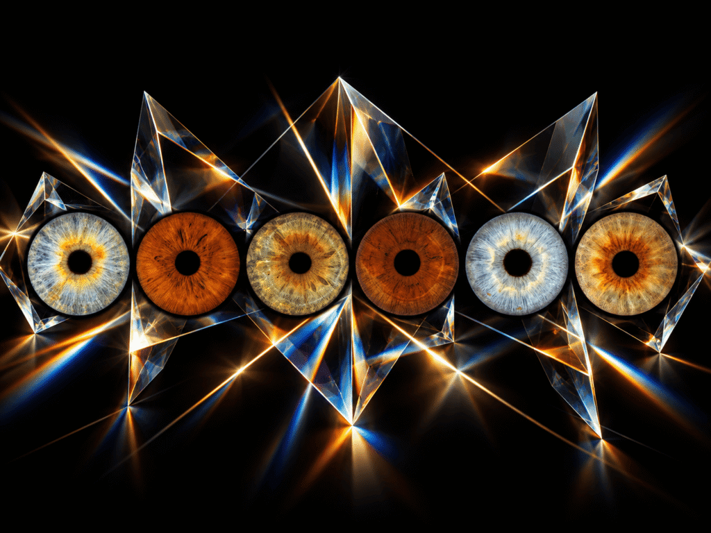 Six blue and brown irises surrounded by transparent crystal prisms and refracted light.