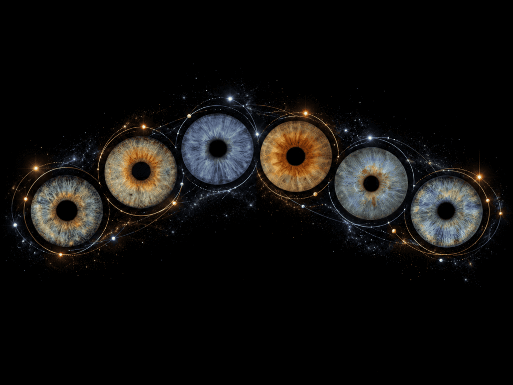 Six custom irises flowing through blue smoke and glowing amber particle effects on black.