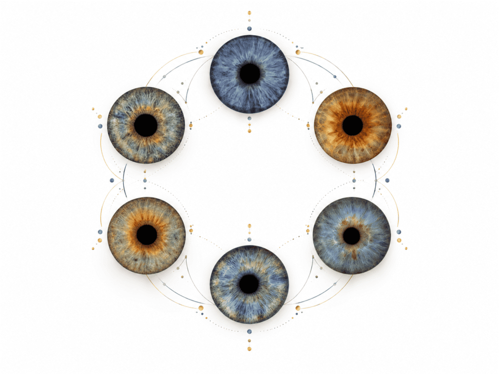Minimalist six-iris family artwork with delicate blue and golden lines on white.