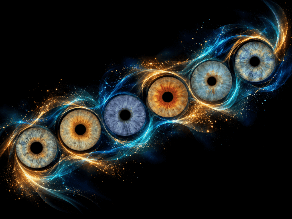 Minimalist artwork featuring six individual irises surrounded by delicate planetary orbit lines.
