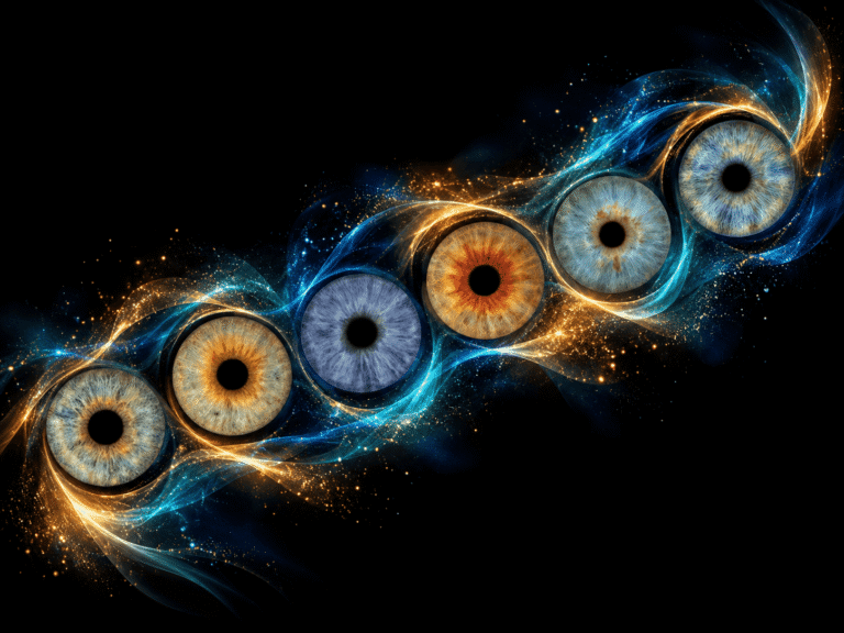 Minimalist artwork featuring six individual irises surrounded by delicate planetary orbit lines.