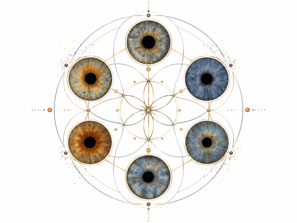 Six family irises arranged within elegant blue and gold geometric circles on white.