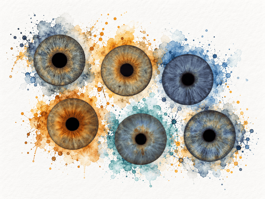 Six blue, hazel and amber irises surrounded by natural watercolor splashes.