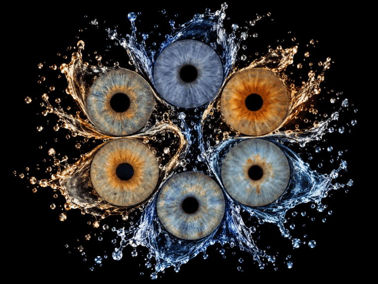 Six colorful family irises arranged in a flower formation with dramatic blue and golden water splashes.