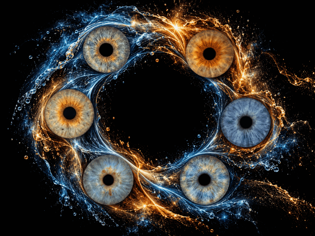 Six blue, hazel and amber irises forming a powerful circle of water and cosmic energy.