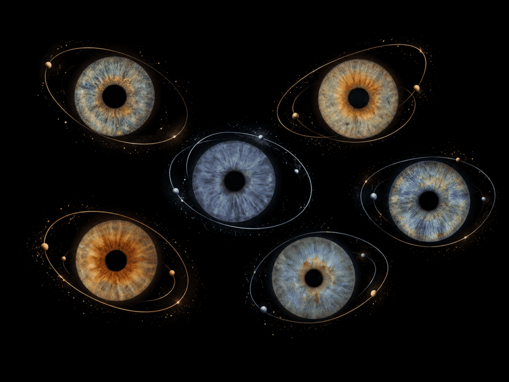 Six blue and hazel irises arranged as an elegant cosmic crown with golden details.