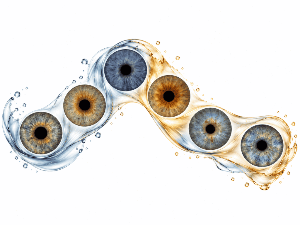 Six blue and hazel irises flowing along a continuous blue and golden water ribbon.