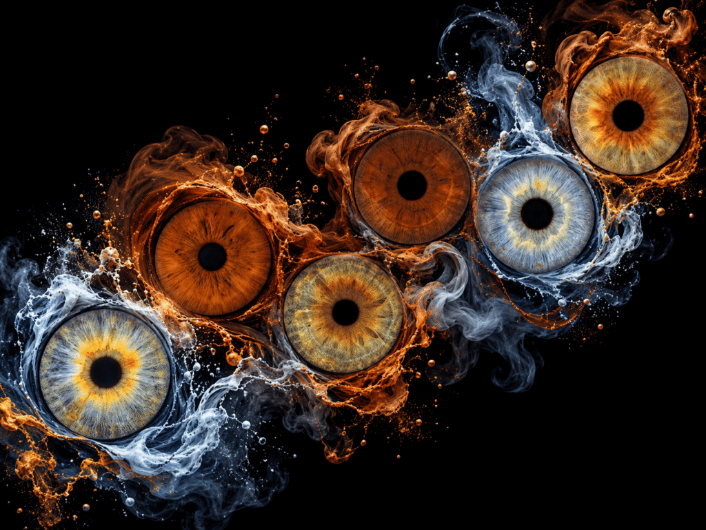 Six individual irises flowing diagonally through dramatic blue and copper liquid currents.