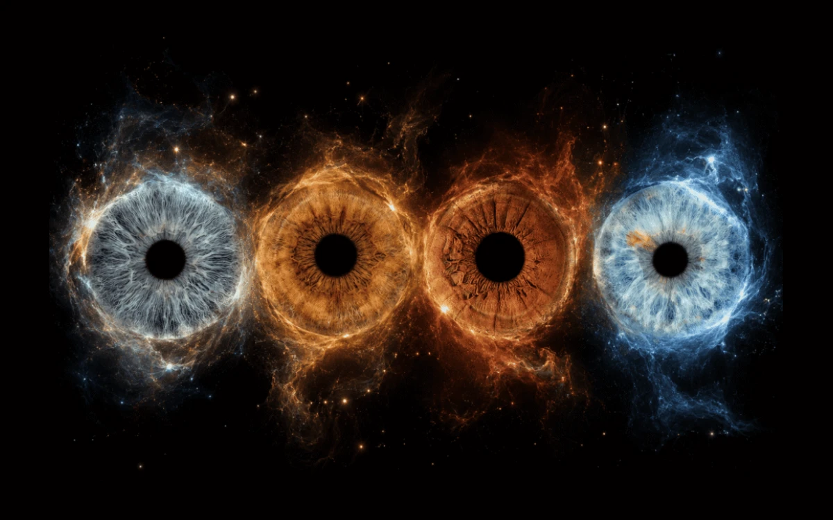Boundless Constellation custom iris photography artwork featuring four family irises surrounded by blue and golden cosmic energy on black.