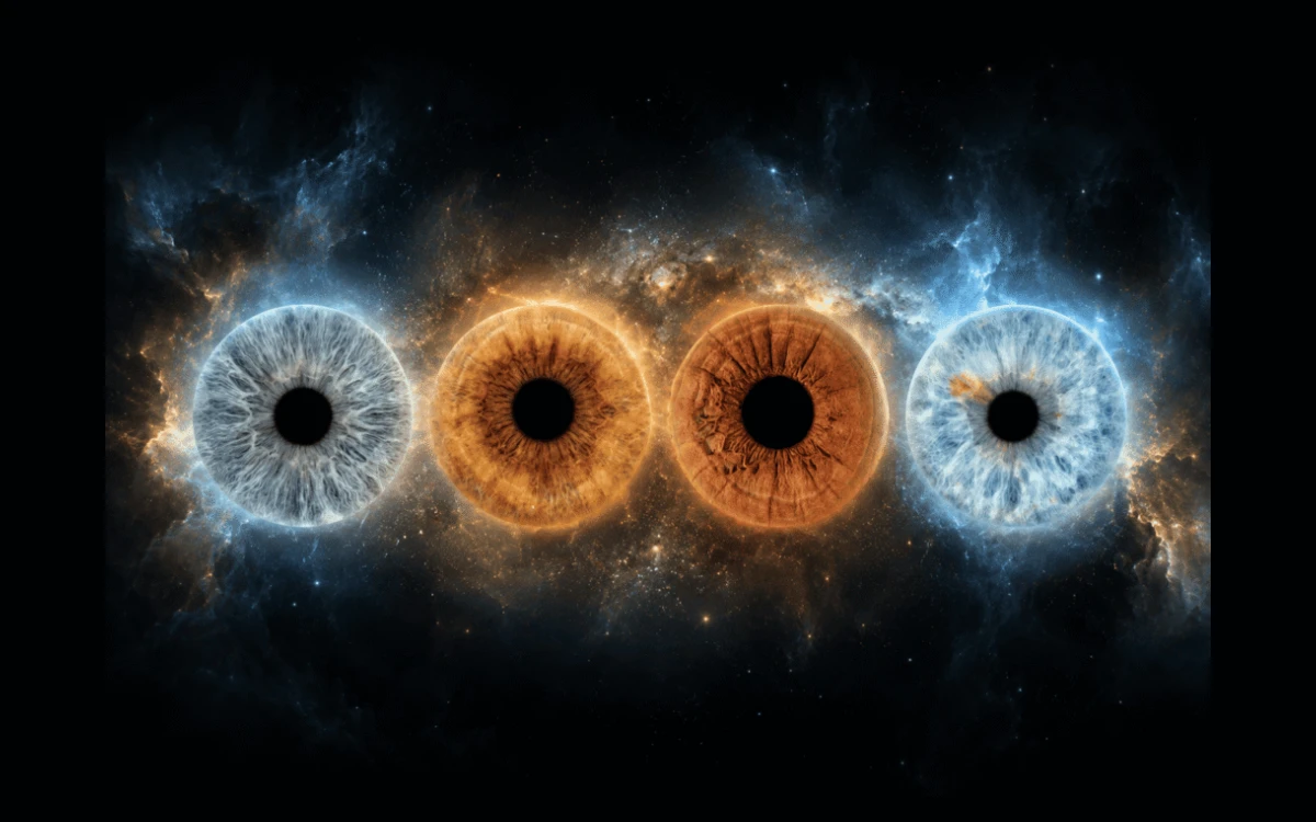 Celestial Gathering personalized family iris art with four real eye irises glowing together inside a dramatic blue and amber nebula.