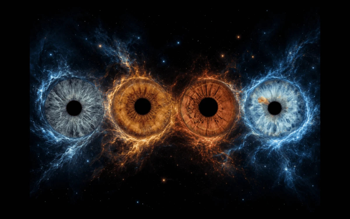 Cosmic Embrace personalized four iris family artwork surrounded by luminous blue and golden celestial clouds on a deep black background.