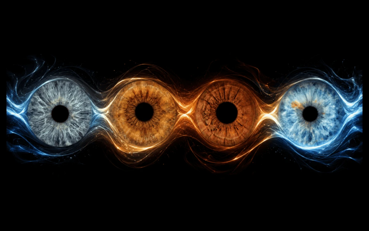 Currents Between Us custom iris photography art with four family irises linked by flowing blue and golden waves of light.