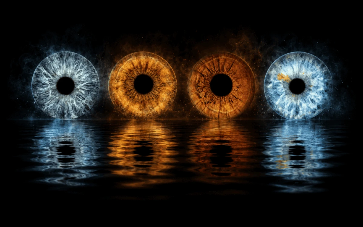 Echoes on Water personalized eye photography artwork featuring four family irises with glowing reflections across dark water.