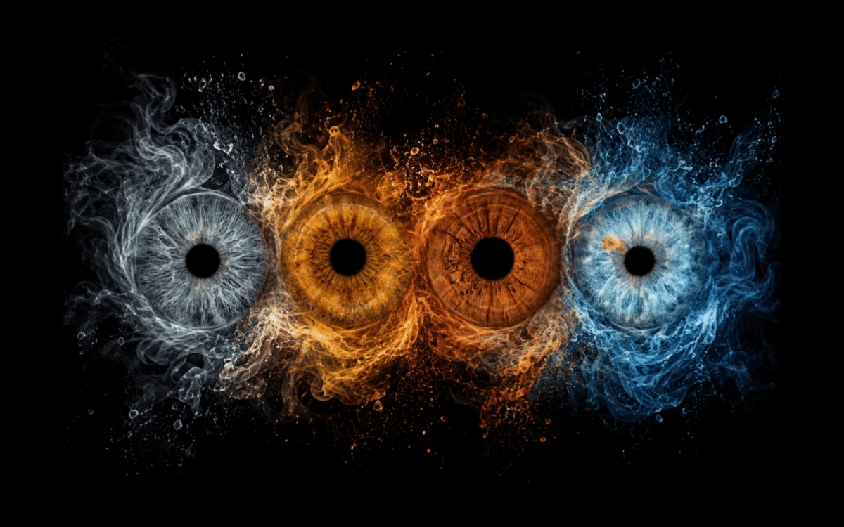 Elements in Bloom custom family iris portrait with four unique eye irises surrounded by dramatic blue, gold and silver elemental effects.