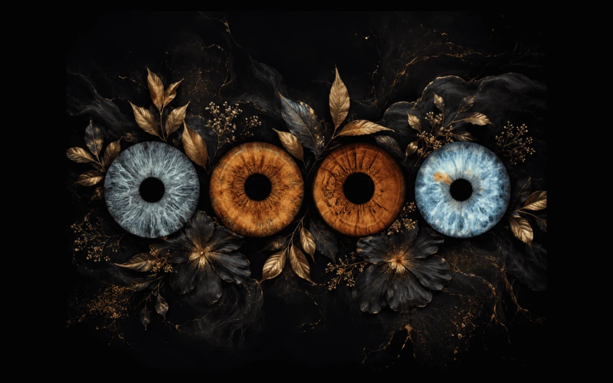 Eternal Garden personalized iris photography artwork featuring four family irises framed by luxurious black and golden botanical details.