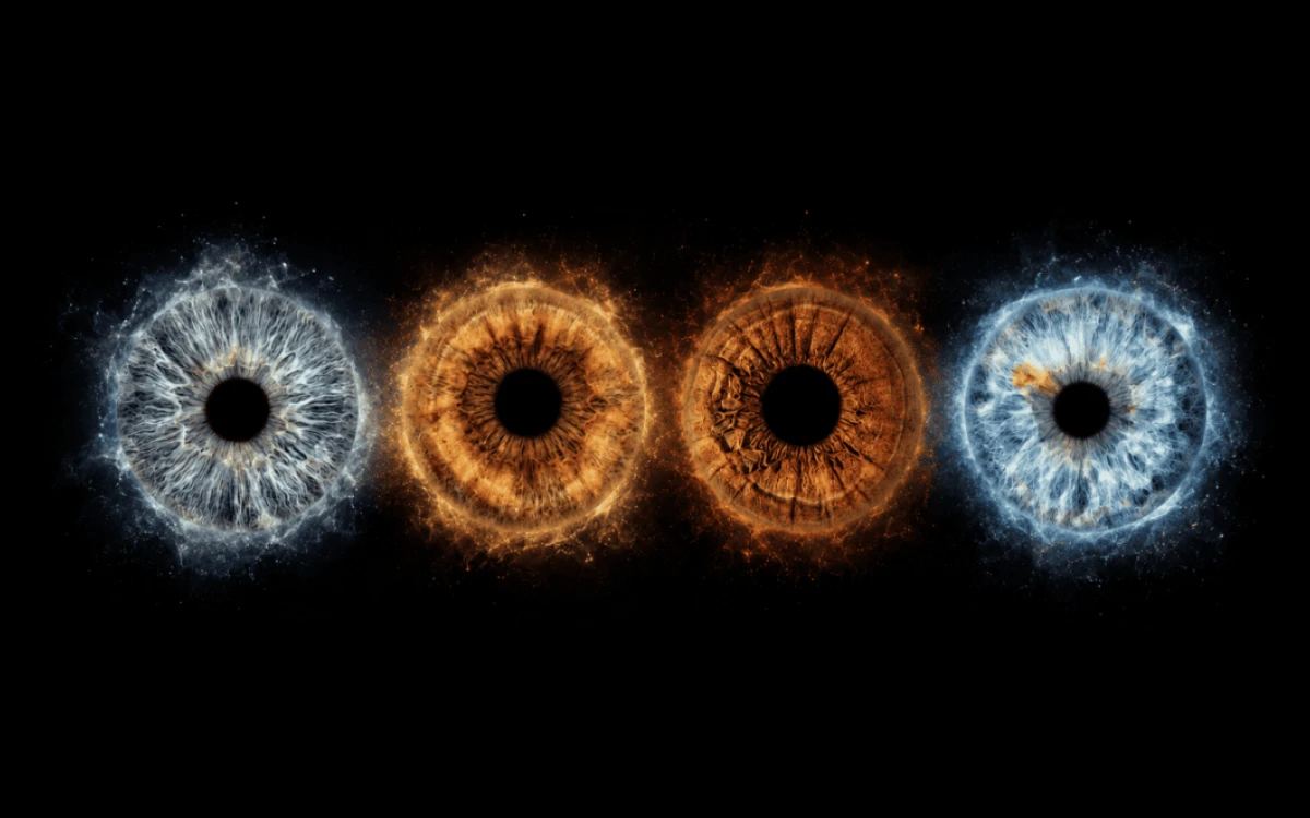 Fourfold Radiance custom four iris photography portrait with four family eyes glowing in blue, amber and golden light on black.