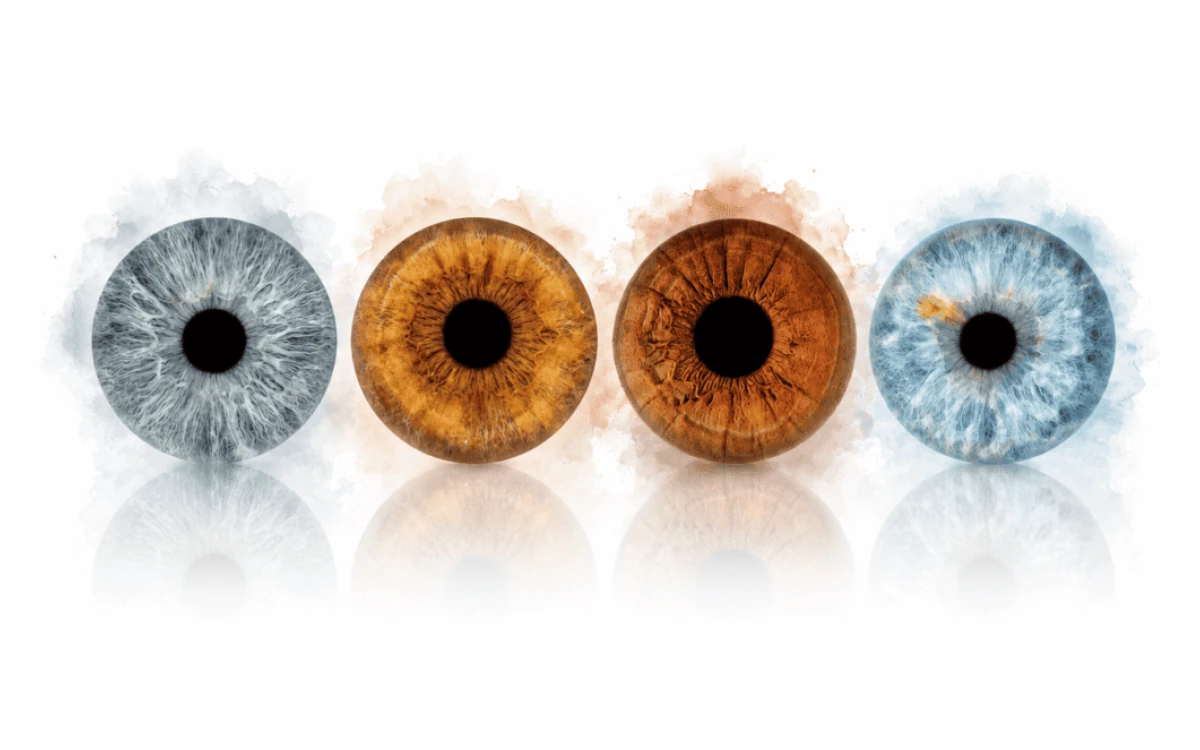 Gentle Reflections personalized family iris art showing four real eye irises with soft mirrored reflections on a clean white background.