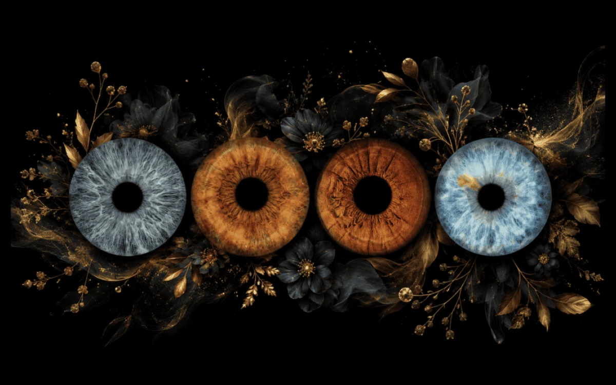 Gilded Roots custom eye photography artwork featuring four family irises surrounded by dark botanical textures and elegant golden leaves.
