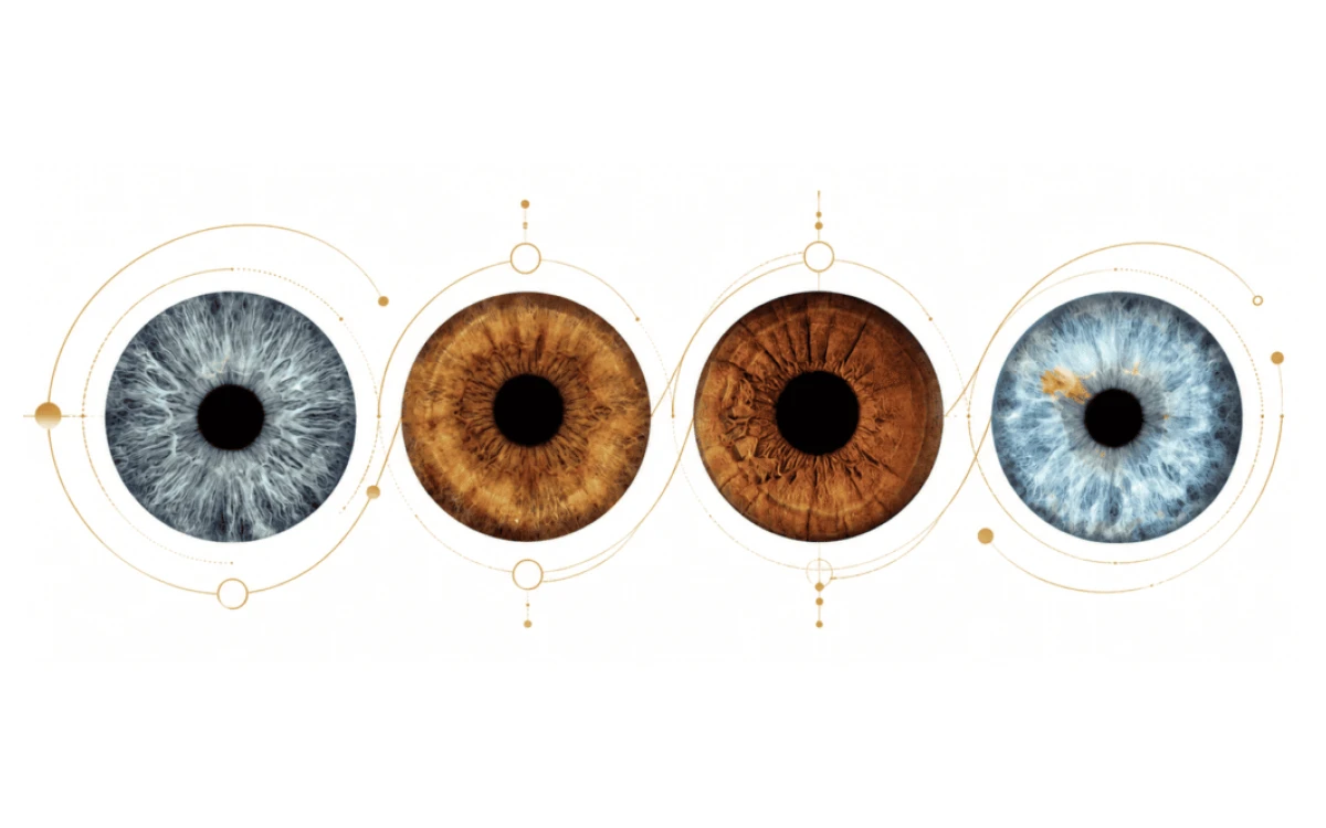 Golden Symmetry personalized four iris portrait with real family eyes arranged inside refined golden geometric circles on white.