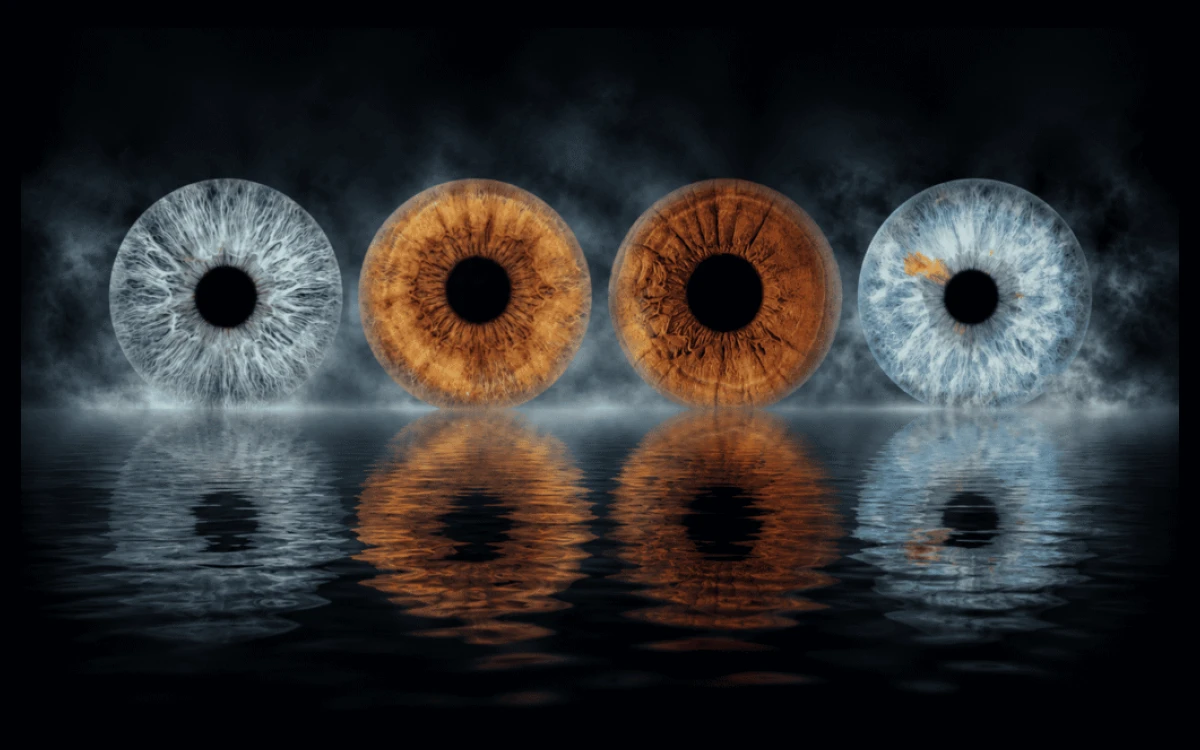 Mirrored Souls custom family iris photography artwork featuring four unique eye irises reflected across a dark water surface.