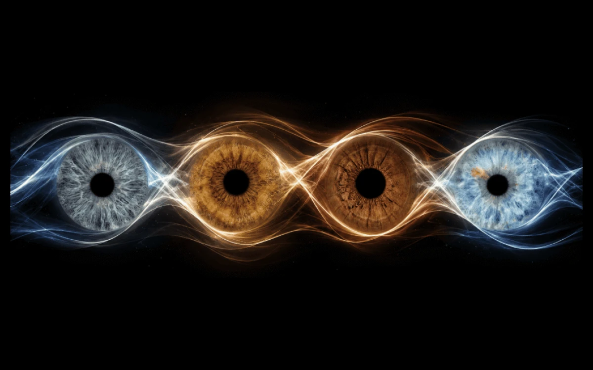 One Shared Current personalized iris art with four family irises connected by flowing blue, white and golden energy on black.