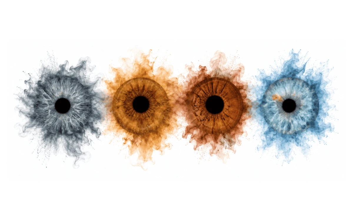 Painted Together custom eye photography portrait featuring four family irises blended with soft blue, grey and warm watercolor clouds.