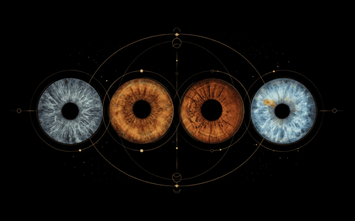 Sacred Alignment personalized four iris family artwork with real eye irises arranged in elegant golden celestial geometry on black.