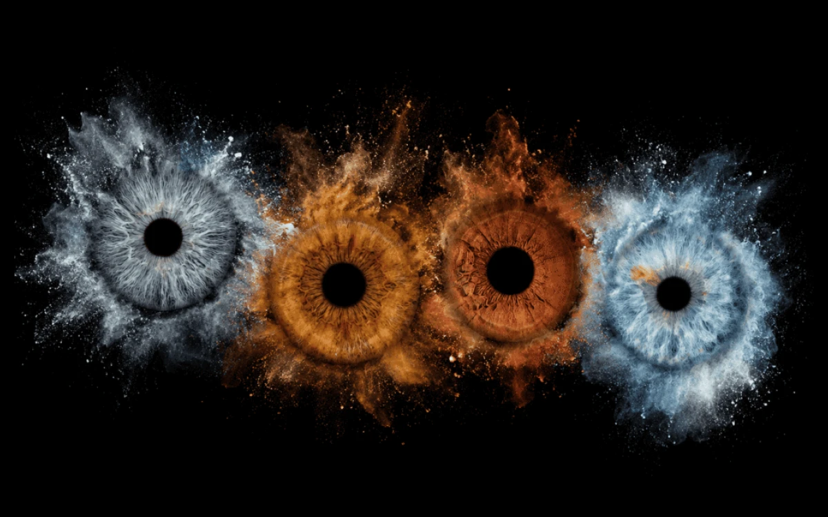 Smoke and Starlight custom iris photography art featuring four family eyes surrounded by blue, white and golden cosmic smoke.