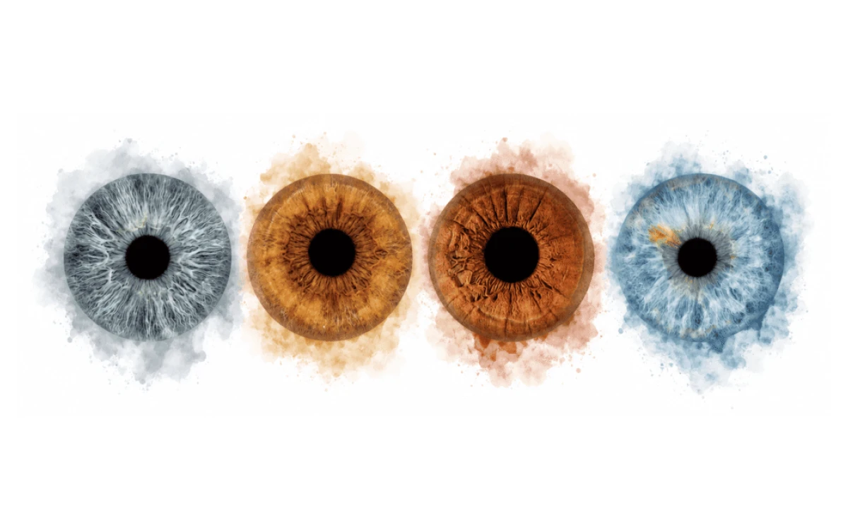 Softly Entwined personalized family iris portrait with four unique eye irises blended through delicate blue and warm watercolor effects.