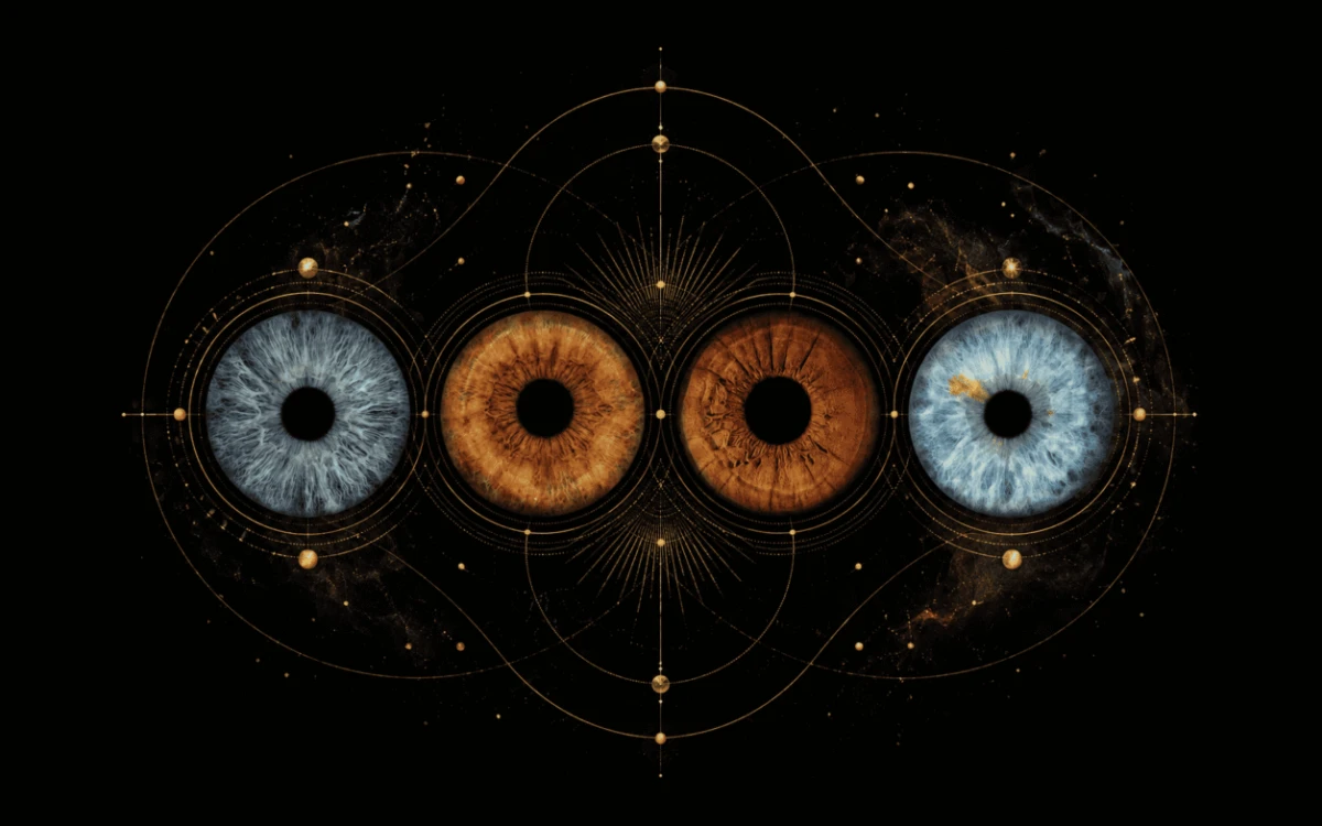 The Golden Covenant personalized family iris art with four real eye irises enclosed by intricate golden celestial rings and lines.