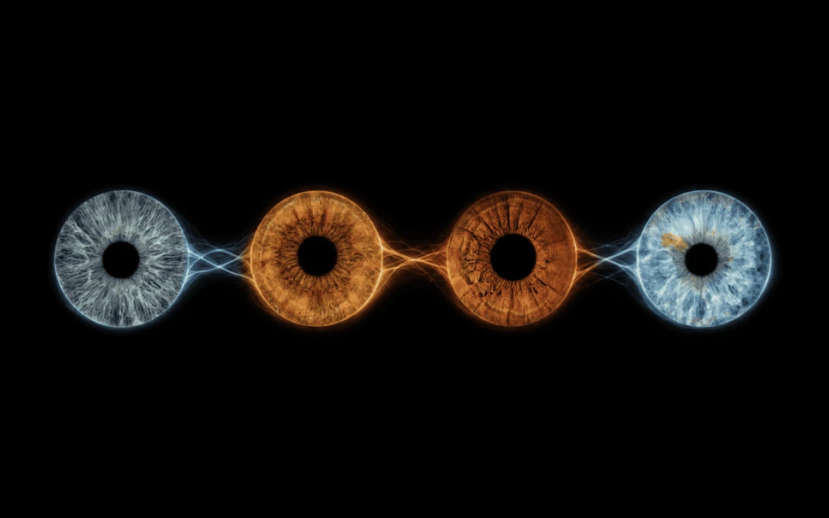 The Unbroken Current custom eye photography artwork featuring four family irises connected by one continuous blue and golden light wave.